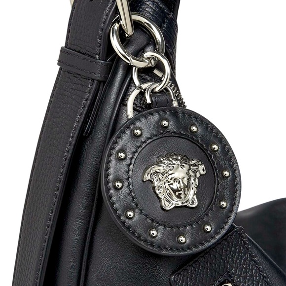 NWT VERSACE LA MEDUSA LOGO BLACK LEATHER STUDDED BAG CHARM KEY CHAIN - Picture 2 of 14